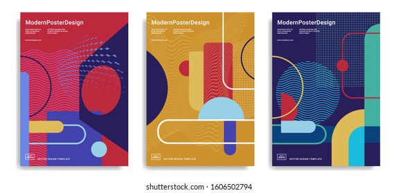 Set von trendigen abstrakten Designvorlagen mit bunten geometrischen Formen. Anwendbar für Cover, Poster, Broschüren, Flyer, Präsentationen, Banner. Vektorillustration. EPS10