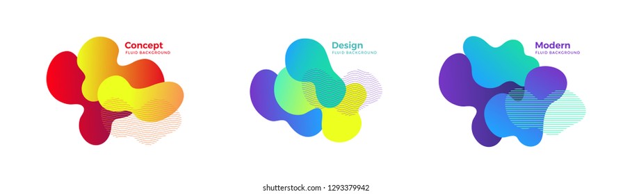 Set of trendy abstract design templates with fluid and liquid shapes. Bright geometric gradient elements. Applicable for banners, covers, logos, social posts, presentations. Vector illustration. Eps10