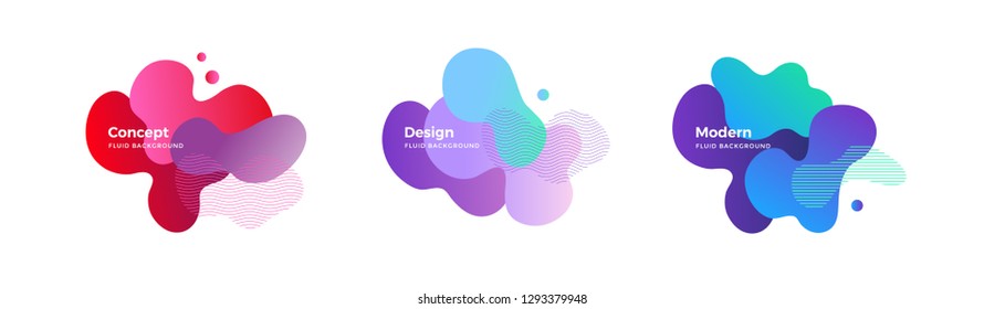 Set of trendy abstract design templates with fluid and liquid shapes. Bright geometric gradient elements. Applicable for banners, covers, logos, social posts, presentations. Vector illustration. Eps10