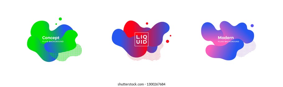 Set of trendy abstract design templates with fluid and liquid shapes. Bright geometric gradient elements. Applicable for banners, covers, logos, social posts, presentations. Vector illustration. Eps10