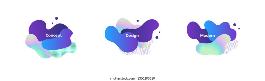 Set of trendy abstract design templates with fluid and liquid shapes. Holographic gradient elements. Applicable for banners, covers, logos, social posts, presentations. Vector illustration. Eps10