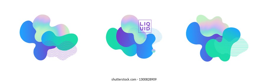 Set of trendy abstract design templates with fluid and liquid shapes. Holographic gradient elements. Applicable for banners, covers, logos, social posts, presentations. Vector illustration. Eps10