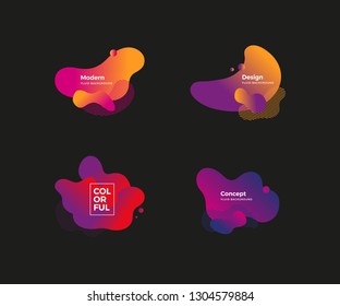 Set of trendy abstract design templates with fluid and liquid shapes. Bright geometric gradient elements. Applicable for banners, covers, logos, social posts, presentations. Vector illustration. Eps10