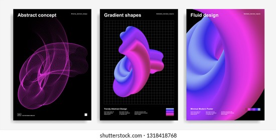 Set of trendy abstract design templates with 3d flow shapes. Dynamic gradient composition. Applicable for covers, brochures, flyers, presentations, banners. Vector illustration. Eps10
