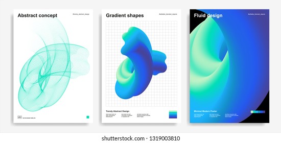 Set of trendy abstract design templates with 3d flow shapes. Dynamic gradient composition. Applicable for covers, brochures, flyers, presentations, banners. Vector illustration. Eps10