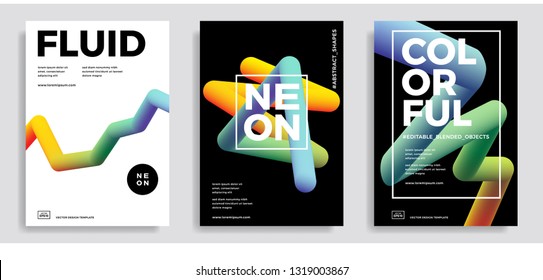 Set of trendy abstract design templates with 3d flow shapes. Dynamic gradient composition. Applicable for covers, brochures, flyers, presentations, banners. Vector illustration. Eps10