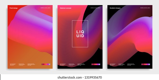 Set of trendy abstract design templates with 3d flow shapes. Dynamic gradient composition. Applicable for covers, brochures, flyers, presentations, banners. Vector illustration. Eps10