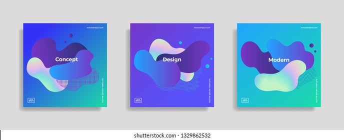 Set of trendy abstract design templates with fluid and liquid shapes. Holographic gradient backgrounds. Applicable for covers, brochures, flyers, presentations, banners. Vector illustration. Eps10