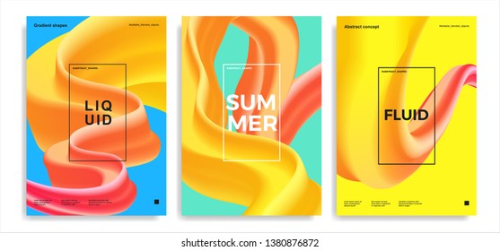 Set of trendy abstract design templates with 3d flow shapes. Dynamic bright gradient composition. Applicable for covers, posters, brochures, flyers, presentations, banners. Vector illustration. Eps10