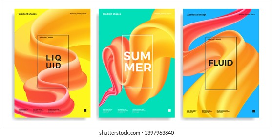 Set of trendy abstract design templates with 3d flow shapes. Dynamic gradient composition. Applicable for covers, posters, brochures, flyers, presentations, banners. Vector illustration. Eps10