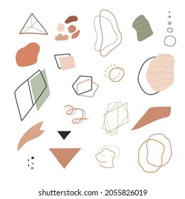 Conjunto de formas abstractas y de moda. Objetos geométricos modernos dibujados a mano para un diseño creativo de póster, postal, decoración. Ilustración vectorial aislada en fondo blanco.