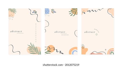 Set of trendy abstract floral vertical templates with tropical palm leaves, rainbow and abstract shapes and lines. Good for cover, invitation, banner, placard, brochure, poster, card or flyer. Vector.