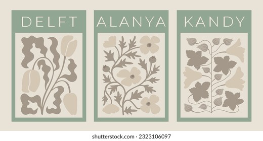 Juego de afiches de flores abstractas de moda en colores pastel. Estampillas botánicas vectoriales, tarjetas, artes murales.