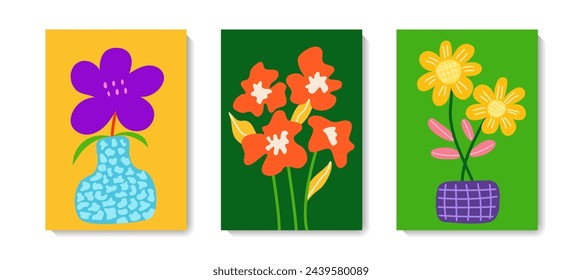 Set of trendy abstract flower posters. Modern naive groovy funky interior wall prints with flowers, leaves, shapes.  Abstract Plant Art design for social media, print, cover, wallpaper. Minimal and na