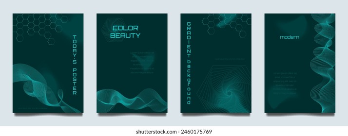 Set of trendy abstract geometric gradient design posters with lines and hexagon patterns in teal color suitable for advertising, presentations, and social media.