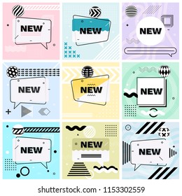 Set of Trendy Abstract Geometric New Vector Bubbles. Vivid Banner in Retro Poster Design Style. Vintage Colors and Shapes in Memphis Style