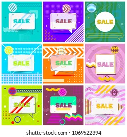 Set of Trendy Abstract Geometric Sale Vector Bubbles. Vivid Banner in Retro Poster Design Style. Vintage Colors and Shapes in Memphis Style