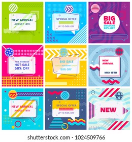 Set of Trendy Abstract Geometric Vector Bubbles. New Arrival, Big Sale and Special Offer. Vivid Banner in Retro Poster Design Style. Vintage Colors and Shapes in Memphis Style