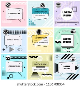 Set of Trendy Abstract Geometric Vector Bubbles. Bubble Templates for a Commercial Purpose. Vivid Banner in Retro Poster Design Style. Vintage Colors and Shapes in Memphis Style