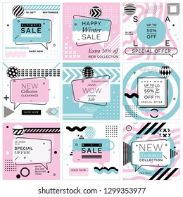 Set of Trendy Abstract Geometric Vector Bubbles. New Arrival, Big Sale and Special Offer. Vivid Banner in Retro Poster Design Style. Vintage Colors and Shapes in Memphis Style