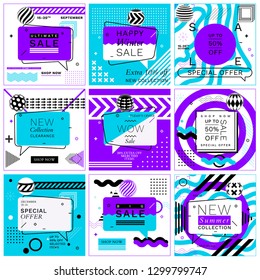 Set of Trendy Abstract Geometric Vector Bubbles. New Arrival, Big Sale and Special Offer. Vivid Banner in Retro Poster Design Style. Vintage Colors and Shapes in Memphis Style