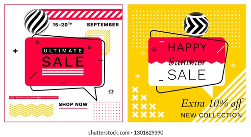 Set of Trendy Abstract Geometric Vector Bubbles. Ultimate Sale and Happy Summer Sale. Vivid Banner in Retro Poster Design Style. Vintage Colors and Shapes in Memphis Style