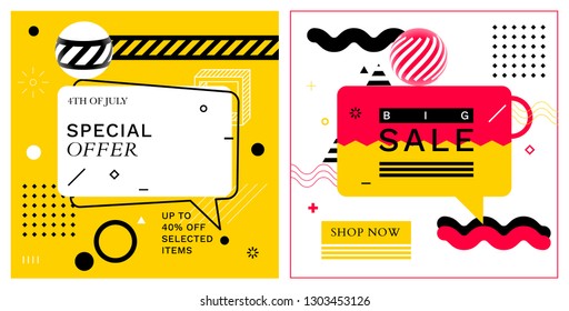 Set of Trendy Abstract Geometric Vector Bubbles. Special Offer and Big Sale. Vivid Banner in Retro Poster Design Style. Vintage Colors and Shapes in Memphis Style