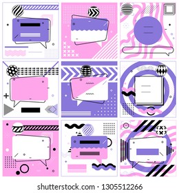 Set of Trendy Abstract Geometric Vector Bubbles. Banner or Poster Templates in Retro Design Style. Vintage Colors and Shapes in Memphis Style