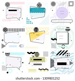 Set of Trendy Abstract Geometric Vector Bubbles. Banner or Poster Templates in Retro Design Style. Vintage Colors and Shapes in Memphis Style