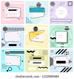 Set of Trendy Abstract Geometric Vector Bubbles. Banner or Poster Templates in Retro Design Style. Vintage Colors and Shapes in Memphis Style