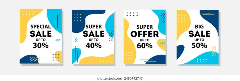 Set of Trendy Abstract Geometric Vector Sale Posters. Super Sale, Super Offer, Big Sale. Trendy Colors and Shapes in Memphis Style. 