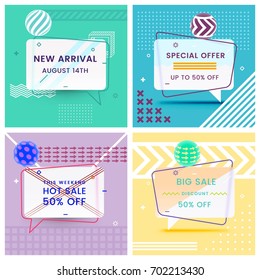 Set of Trendy Abstract Geometric Vector Bubbles. New Arrival, Big Sale and Special Offer. Vivid Banner in Retro Poster Design Style. Vintage Colors and Shapes in Memphis Style