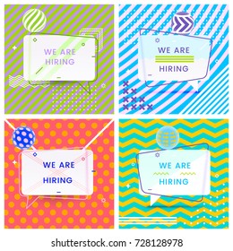 Set of Trendy Abstract Geometric Vector Bubbles. We are Hiring in Retro Poster Design Style. Vintage Colors and Shapes in Memphis Style