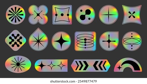 Defina adesivos, emblemas, rótulos de hologramas abstratos na moda. Elementos geométricos futuristas do arco-íris brutalistas de forma quadrada e redonda com efeito holográfico. Estilo retrô, Y2K, 90s, 70s, 60s. Vetor EPS10