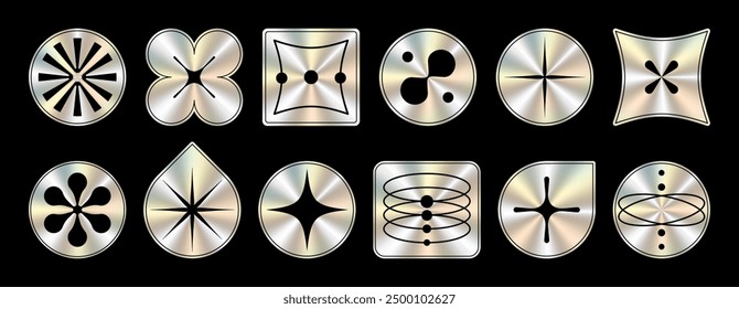 Set of trendy abstract holographic stickers, emblems, labels. Shiny futuristic geometric elements of round, square shape with metallic effect. Retro style, Y2K, 90s, 70s, 60s. Vector EPS10