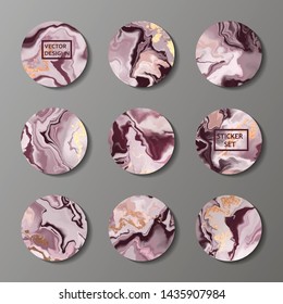 Set of trendy abstract liquid circles with marble texture . Vector Fluid circle for sticker, cover, icon.  Vector badge for shop in social media, stories layout