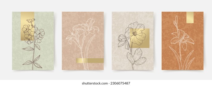 Set of trendy abstract luxury botanical vector illustrations with line art flowers. Perfect for modern wall poster, interior design, print, home decor, cover, wallpaper, postcard