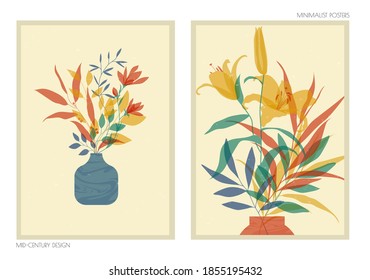 Set of trendy abstract modern minimalist floral posters with texture. Mid century design for wallpaper, wall decor, background, card, postcard, print, cover. Artistic style. Vector illustration