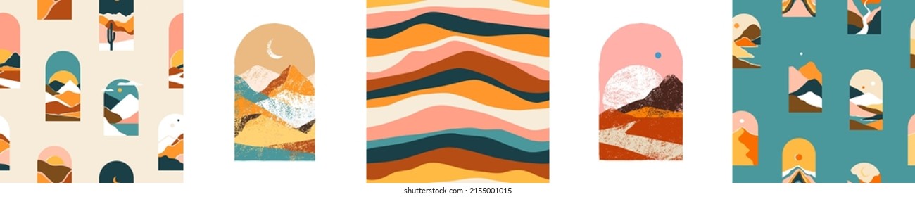 Conjunto de diseño abstracto de la ilustración del patrón de visión del paisaje montañoso. Colección de fondo del paisaje vitícola de viajes con diversidad de colinas de la naturaleza de verano, dunas del desierto y más.