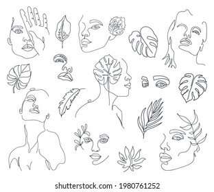 Un conjunto de moda abstracta de una línea de mujer cara con hojas de monstera. Impresión continua de líneas para textiles, carteles, tarjetas y camisetas