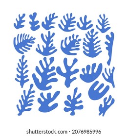 Set of trendy abstract organic cut out Matisse inspired shapes of algae or corals in blue color. Collection of childish doodle cutouts of tropical leaves. Vector illustration on white background.