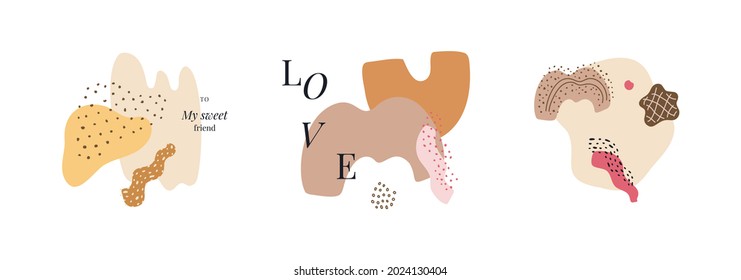 Set of trendy abstract organic elements, liquid shapes in warm modern color palette. Template for social media, banner, web design piece, print, cover, flyer, presentation, business card, etc.