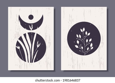 Set of trendy abstract posters with plants. Modern Art. Vector illustration.