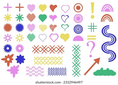 Set of Trendy abstract shapes. Flower, heart, circle, arrow, grid, punctuation mark. Retro Groovy Style. Modern 90s, 2000s style. Elements for posters design, stickers. Y2k aesthetic. Vector Art. 