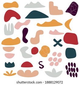 Conjunto de formas abstractas de moda sobre fondo blanco aislado. Gran colección de verano, formas orgánicas inusuales en estilo boho. Ilustración vectorial, eps 10