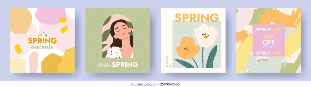A set of trendy abstract spring covers, backgrounds, posters or cards made in the style of modern art for the design of spring holidays greetings, events, packaging, advertising, social media, print