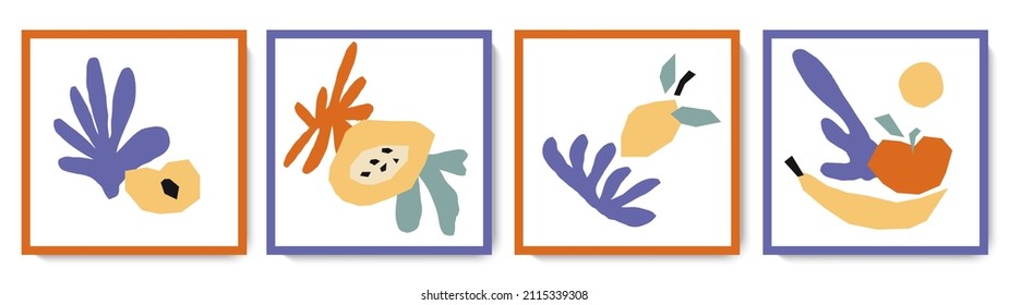 Set of trendy abstract still lifes with fruits. Colorful summer collage with matisse organic shapes and juicy fruitage. Vector illustrations in doodle freehand style