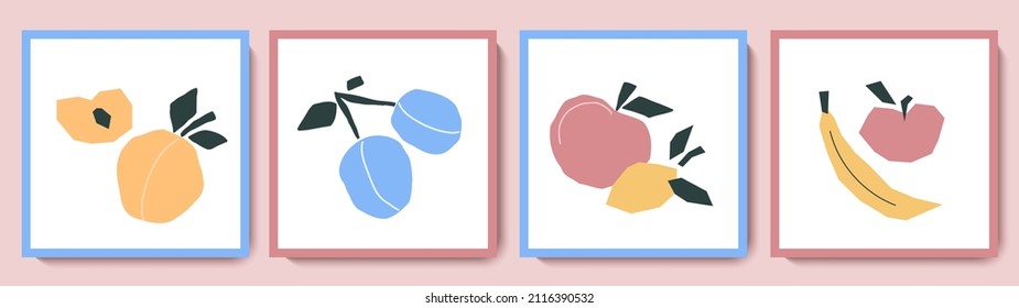 Set of trendy abstract still lifes with fruits. Colorful summer collage with juicy fruitage. Vector illustrations in doodle freehand style