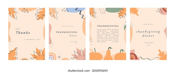 Set of Trendy Abstract Thanksgiving templates. Invitation Cards with leaves, pumpkins, geometric shapes and strokes. Modern vertical banner or background with copy space for text. Vector illustration.