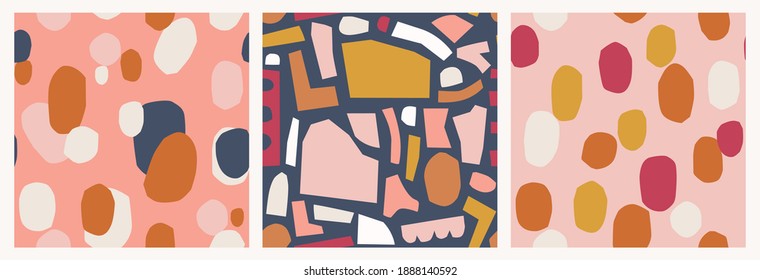 Set of trendy abstract vector patterns with color blocks, blobs, ovals, spots. Trendy geometric cut out shapes. Bold prints for fashion, paper, gifts.